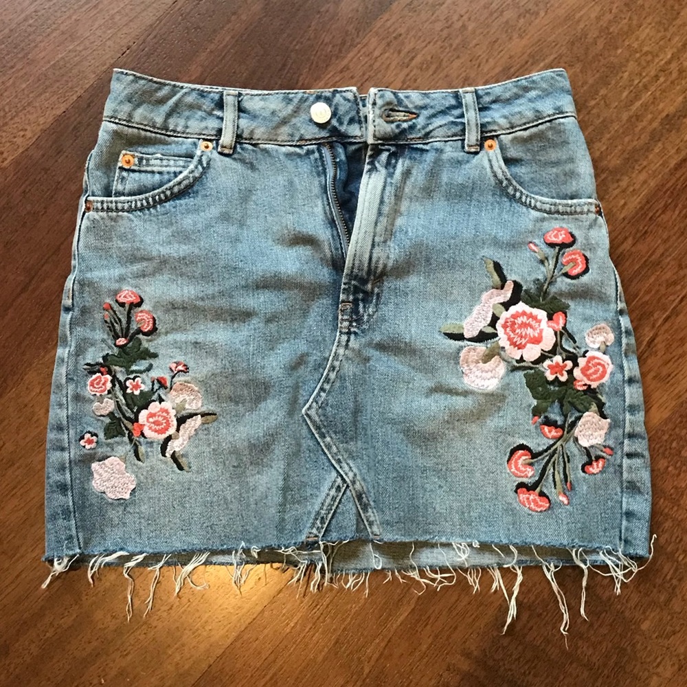TopShop Flower Embroidered Jean Skirt
